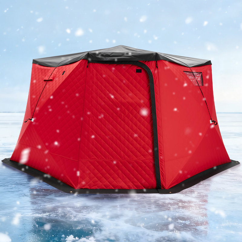 Insulated Pop-Up Ice Fishing Tent for 6-8 Persons, 3-Layer Oxford Fabric, Waterproof Rain Cover, Chimney Vent & Anchors, Red
