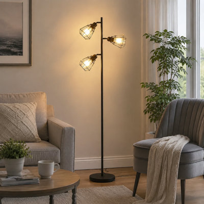 65.5'' Industrial Black Floor Lamp with 3 Adjustable Cage Shades.