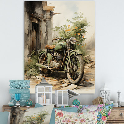 Olive, sortie, moto rétro, vélo, art mural, salon