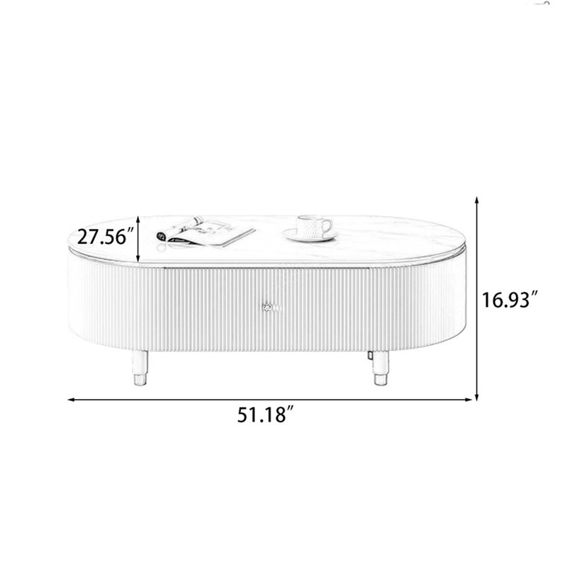 Table basse ovale en bois manufacturé blanc et pierre frittée, H 16,93 po x L 51,18 po x l 27,56 po