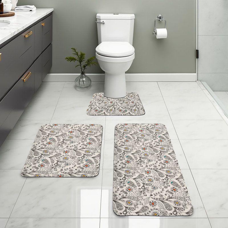  Ensemble de tapis de salle de bain Floral 3 pièces U / Rectangle crème et gris