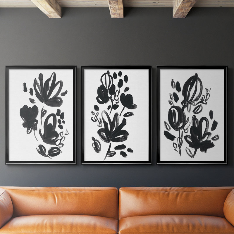 Cameo Bloom IV - Toile tendue avec châssis sur mesure - 3 pièces, H 27 po x l 57 po, Noir, noir, noir, noir