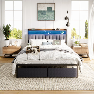 LED Upholstered Bed Frame With Charging Station