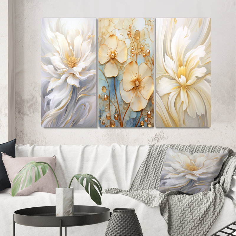 «Dreamy White Digital Spring Flowers», 3 pièces, Toile tendue, H 32 po x l 48 po