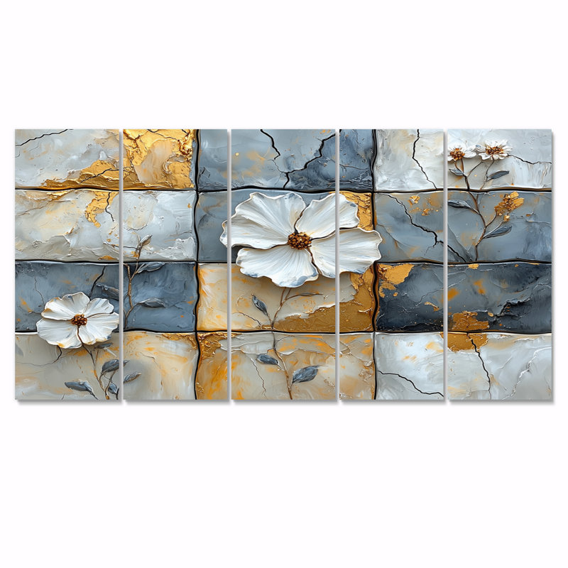 Carreaux bohème gris et blanc à motif floral - Ensemble de décorations murales Boho, H 28 po x l 60 po