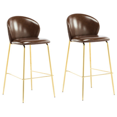 Indoor Bar Stools With Dark Brown Faux Leather And Gilded Metal Legs Of 2, Stable Design, Adjustable Height, Low - Back Ergonomics For Kitchen Luxury, Frame, Comfortable Cushion, Support