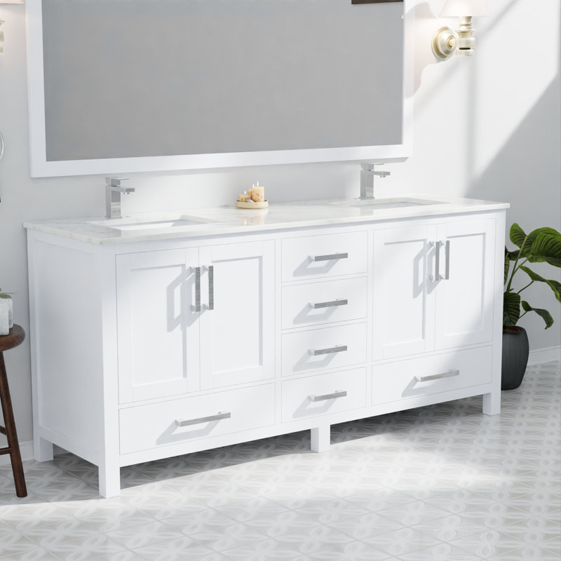 Ensemble de meuble-lavabo double avec plateau en marbre et robinet, Blanc