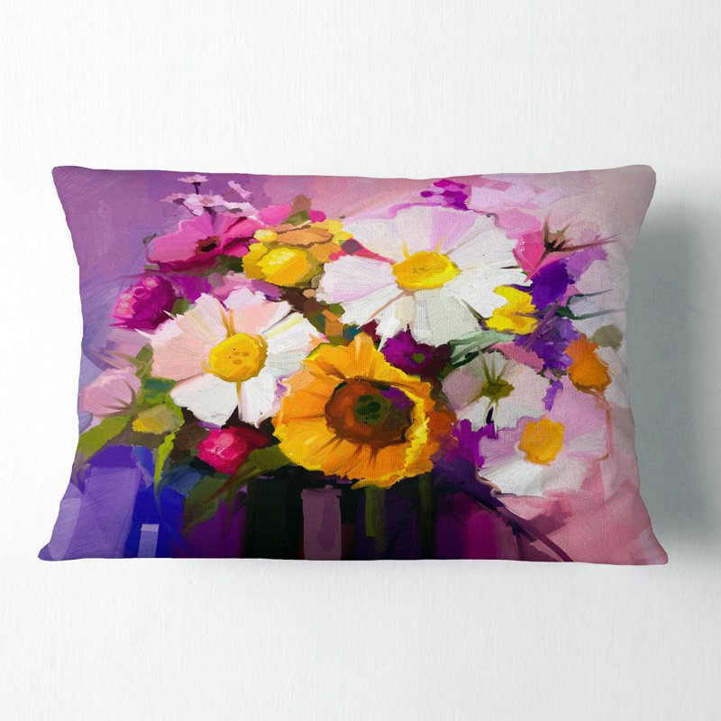 Bouquet de fleurs blanches, rouges et jaunes - Coussin décoratif à imprimé floral