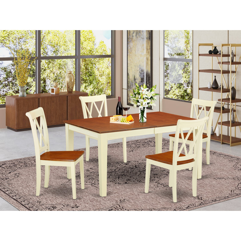 L'ensemble 5 pièces de table et chaises de cuisine comprend une table de salle à manger rectangulaire avec rallonge papillon et 4 chaises en bois massif, babeurre et cerise