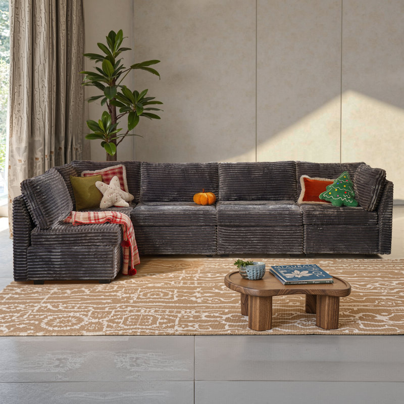 Nathasa 5-Piece Upholstered Corduroy Sectional, Gray Corduroy