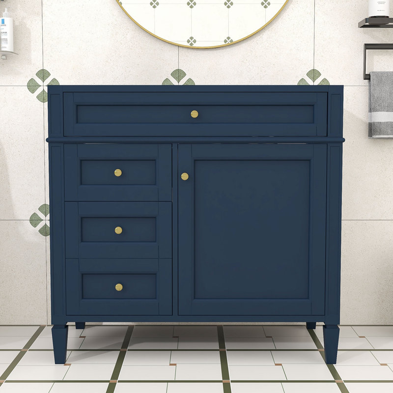 Bathroom Vanity without Top Sink, Bathroom Storage Cabinet with 2 Drawers and a Tip-out Drawer, Blue, Gold