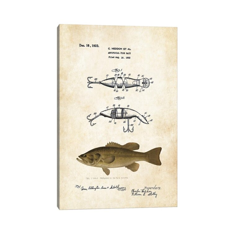 Largemouth Bass Fishing Lure by Patent77 - Wrapped Canvas Graphic Art East Urban Home Size: 18 H x 12 W x 1.5 D