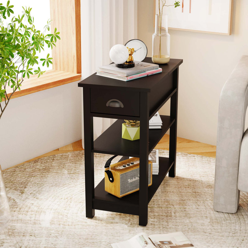 Wood Narrow Sided, Table Sofa Side Table with Drawers and Partition in 180 Flip Over Design, Brown