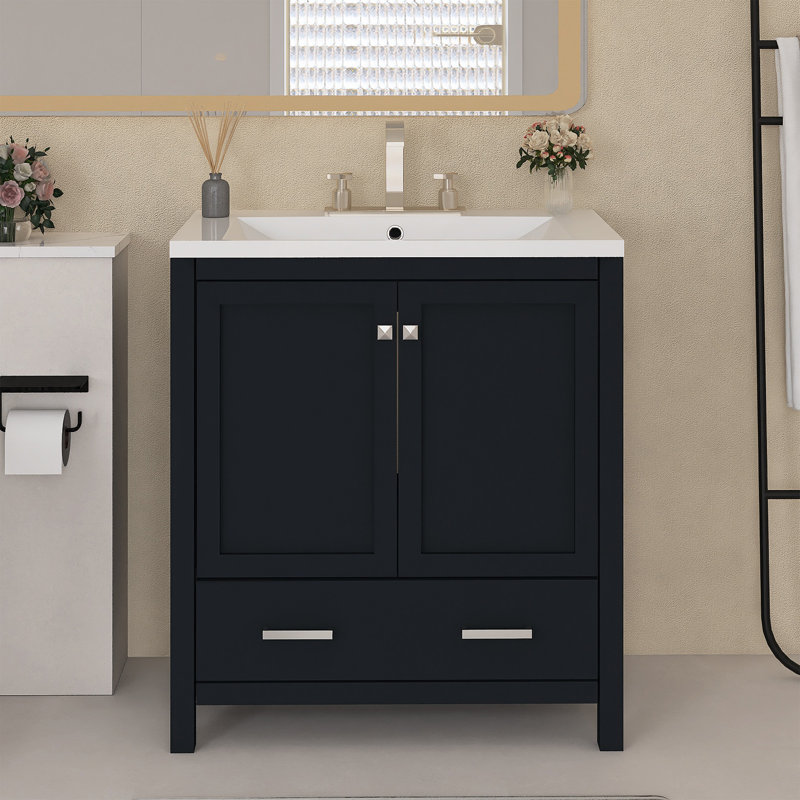 Meuble-lavabo autoportant de 30 po avec lavabo en céramique, Noir, Argent argent