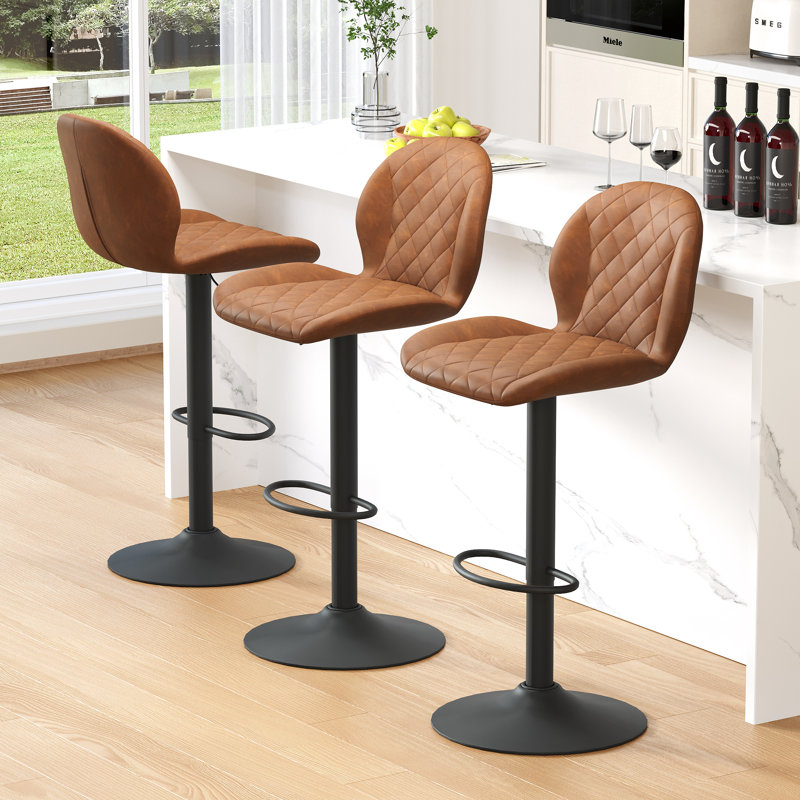 Adjustable Swivel 24"-33" Height Rhombus Faux Leather Bar Stools with Back for Kitchen Island, 3, Brown