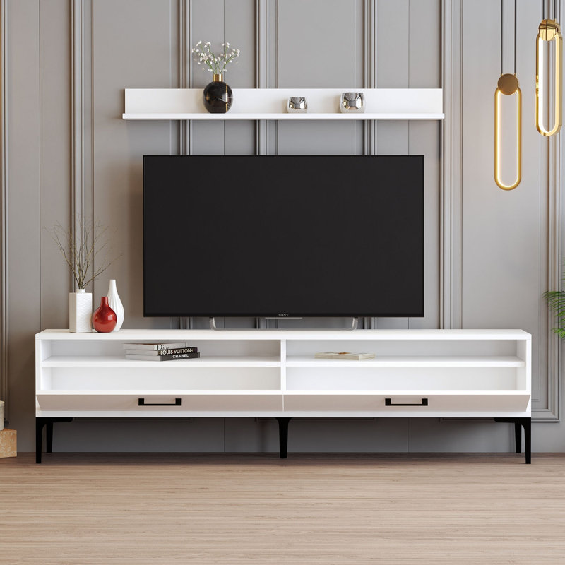 Modern White TV Unit with Wall Shelf, 70.9 x 18.5 x 13.8 inches | 100% Melamine Coated Particle Board, Thickness: 0.7 inches | Metal Legs (6.7 inches) & Plastic Handles, Multiple Shelves for Storage | Stylish & Functional Design
