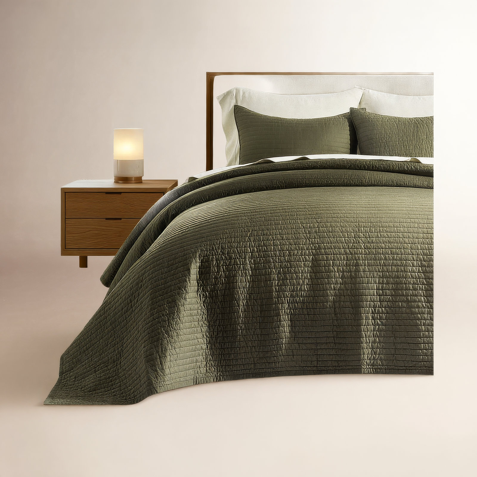 Cotton Sateen Quilt Set, Queen Quilt + 2 Queen Shams, Olive Green