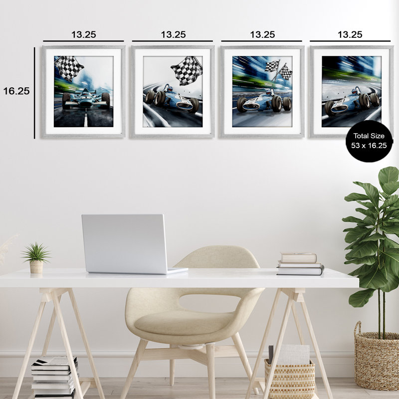 «Ready Set Racecars», ensemble de 4 reproductions encadrées sous verre, par Christine Simpson Art, H 16 po x l 13 po