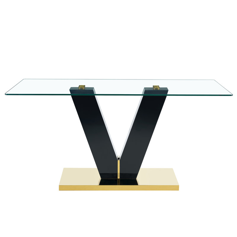 Large Modern Minimalist Rectangular Glass Dining Table For 6 - 8 People, Featuring 0.4" Tempered Glass Top, MDF Slab, V - Shaped Bracket, Base, Ideal For Kitchen, Dining, Living, Meeting, Banquet Spaces, Merging Style And Functionality