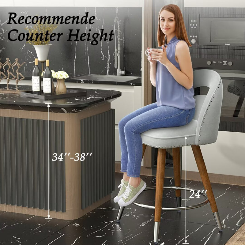 Gray Velvet Swivel Counter Stools with Solid Wood Legs, Set of 4