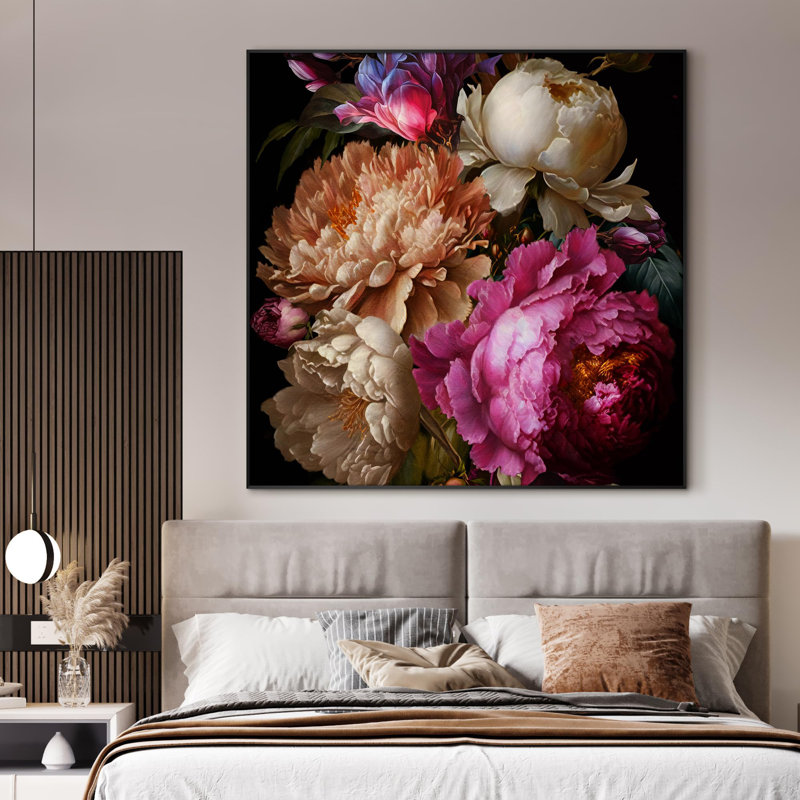 Très grand art mural imprimé sur tissu - arrangement floral, pivoines et magnolias éclatants pour le salon ou la chambre à coucher - «Assemblage requis du cadre (cadre non fini)»