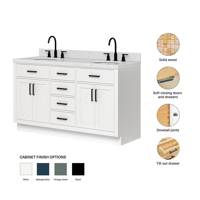 Ensemble de meuble-lavabo ovale double 60 po avec comptoir en quartz blanc Carrara, Ovale, Blanc