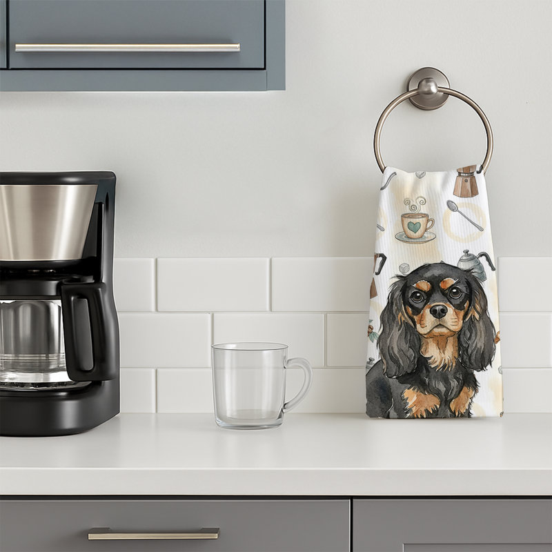 Black and Tan Cavalier Spaniel Coffee Bar Kitchen Towel, Black and Tan Cavalier Spaniel