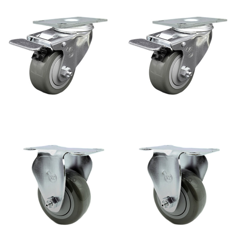 3 Inch SS Gray Polyurethane Top Plate Caster Set 2 Lock Brake 2 Rigid SCC