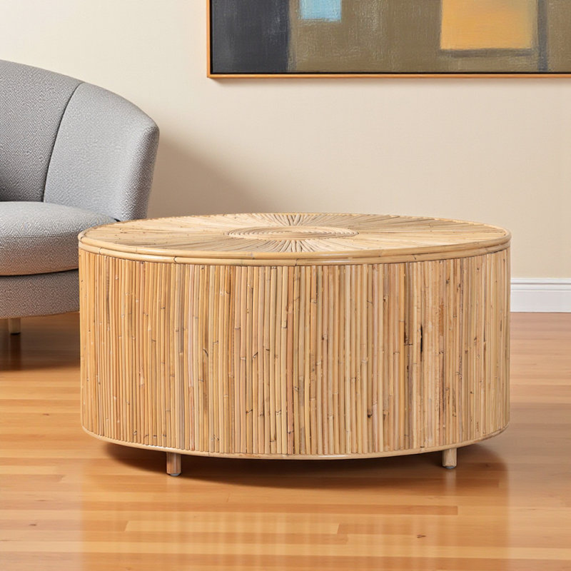 Moreno Round Shape Bohemian Style Natural Rattan Coffee Table, 15.58" H X 30.98" W X 30.98" D