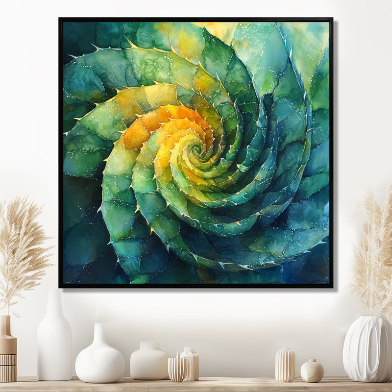 Géométrique, spirale, feuille d'aloès, plante grasse II, Impression encadrée flottante, Noir, noir, noir, noir
