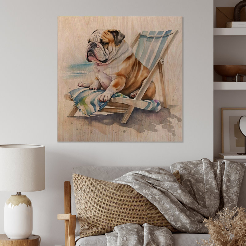 Chien Hemali couché sur la plage - impression sans cadre sur bois, H 16 po x l 16 po x P 1 po