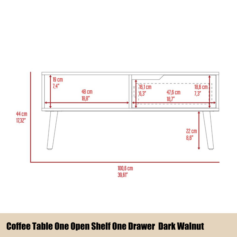 Coffee Table, One Open Shelf, One Drawer, Dark Walnut