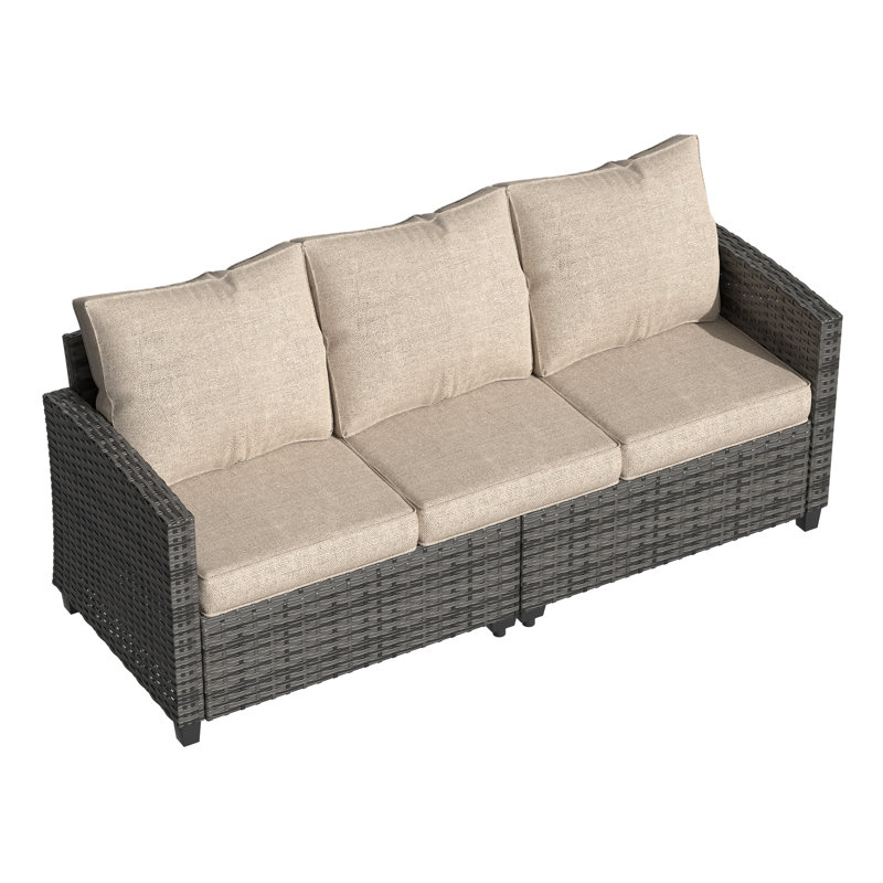 Canapé d'extérieur en osier avec coussins 66,1 po Mashawna, Beige, Gris