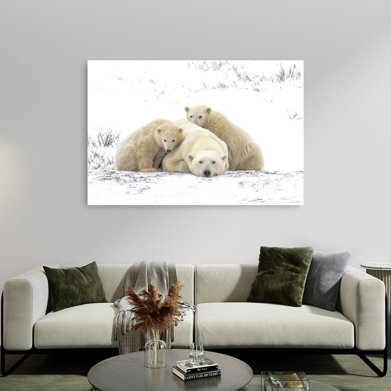 Polar Bear Family Peaceful Abstract Contemporary Bear Landscape Nature Wall Art Print, 101.6cm H x 152.4cm W