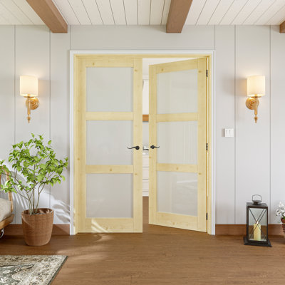 48" x 80" Interior French Door, 3‑Lite Pine Wood & Tempered Frosted Glass Doors, Unfinished Paintable Solid Pine Wood, Complete Jamb Kit, Black Hinges, 4 Curve Levers & Latch, Sturdy Natural Pine Wood Construction & Privacy & Frosted Glass