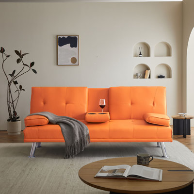 Classic PVC Leather Upholstered Convertible Futon Sofa Bed with Cup Holders