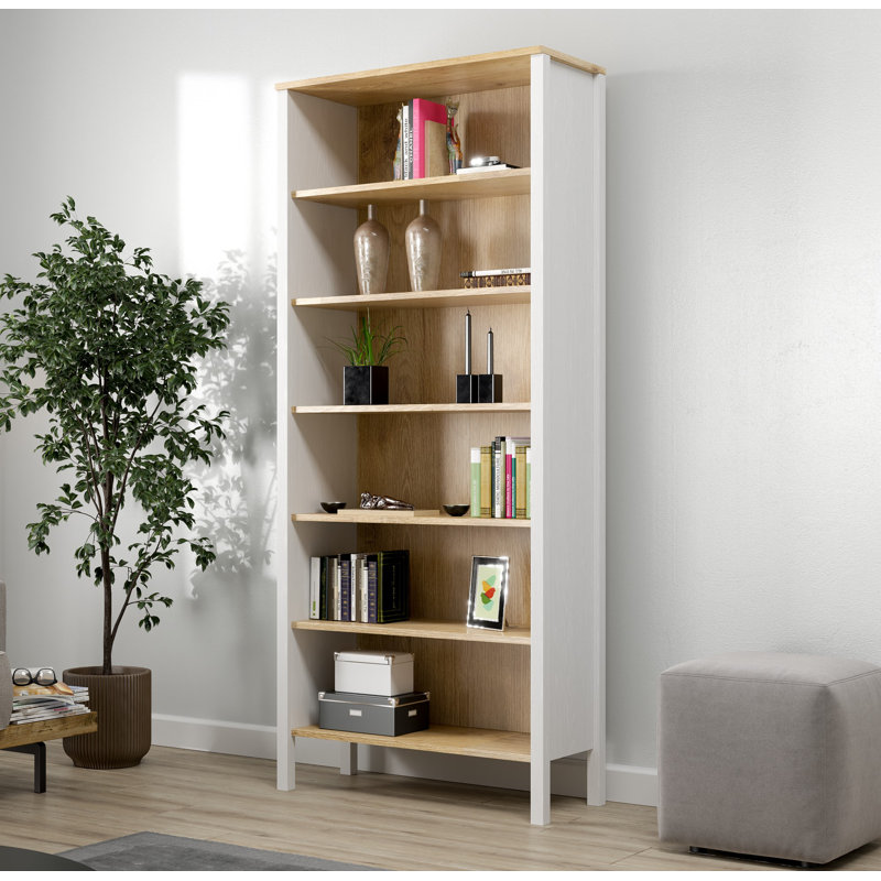 Modern Scandinavian Bookshelf, 100% Melamine Coated Particle Board, 32.7 x 76.4 x 13.8 inches | 0.7-inch Edge Banding | MDF Profile Legs, Metal Handles, Wall-Mountable, Multiple Shelves, Stylish White & Wood Finish
