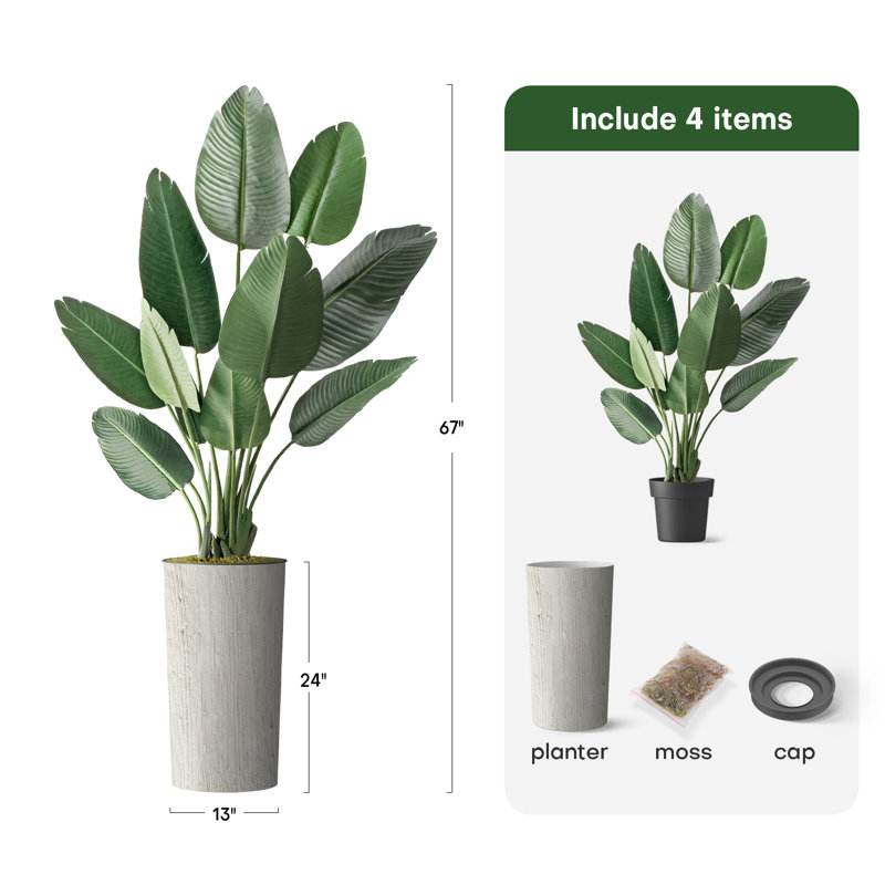 Arbre artificiel en pot, faux oiseau de paradis en soie, décoration de la maison (pot et arbre), Tourbillon, H 67 po