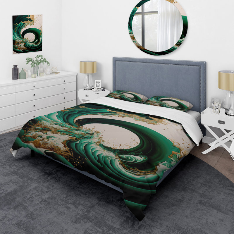 Ensemble de housse de couette Emerald Green and Gold Abstract Waves IV BeddingMicrofiber / Polyester