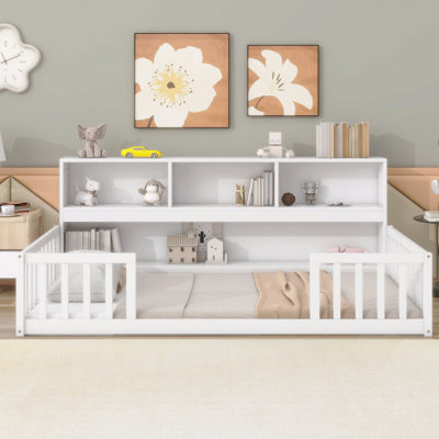 Twin Floor Bed Frame With Bed Frameside Bookcase,Shelves,Guardrails,In White Finish