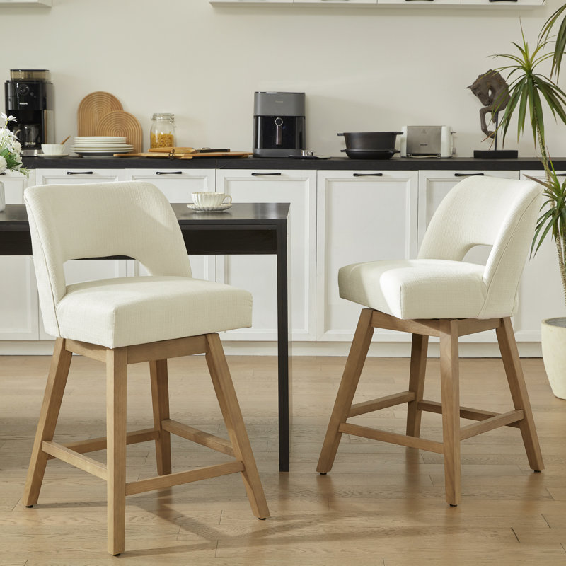 360° Swivel Bar Stools with Solid Wood Frame, Polyester Cream, Light Oak Finish