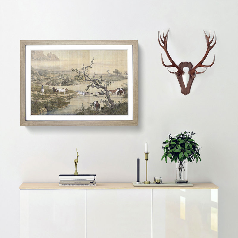 Many Horses by Lang Shining - Framed Print, 27cm H x 36cm W x 2cm D, Oak Framed