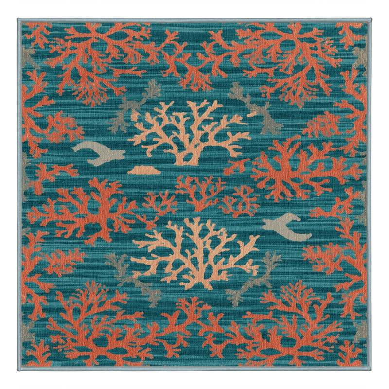 Washable Aqua and coral Nautical Area Rug, Rectangle 2' x 3'