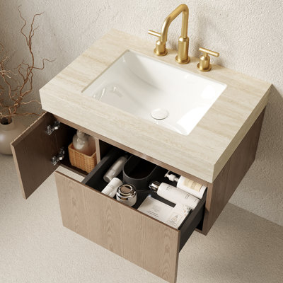 Meuble-lavabo 30 po, comptoir en pierre frittée, lavabo en céramique avec 3 trous de robinet pré-percés, porte de tiroir d'armoire en contreplaqué, comptoir assemblé, porte de rangement flottante à fermeture en douceur