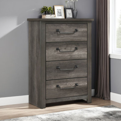 Commode haute 4 tiroirs, panneau de mélamine gris, poignées rabattables Nemy