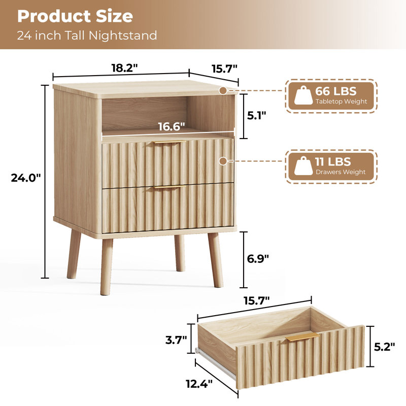 Fluted Nightstand, 18" Modern Side Table, 2 Drawers End Table with Storage, Bedside Table for Bedroom, Living Room, Curved Profile Design