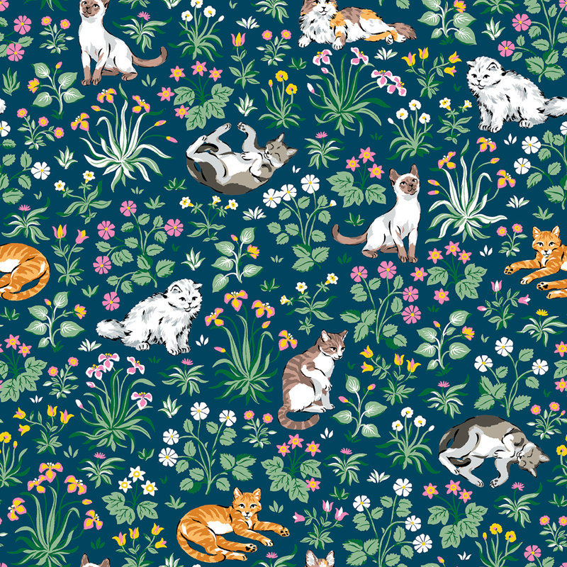 Papier peint adhésif indigo Must Love Cats, Vert