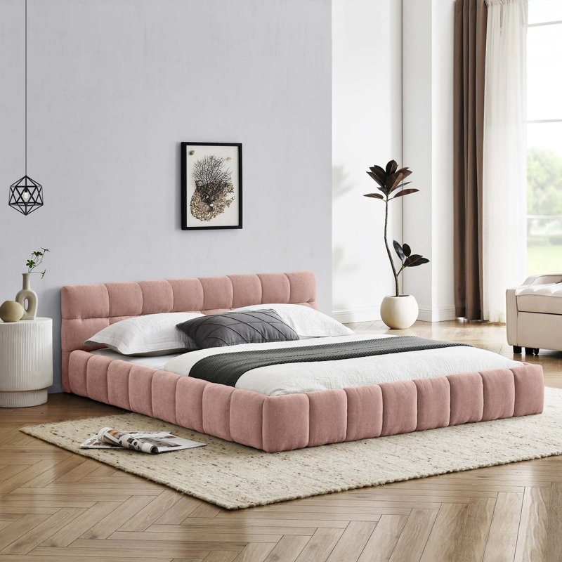 Grand cadre de lit tapissier grand avec tissu épais, lit plateforme grand format en chenille avec tête de lit et structure solide. Aucun sommier tapissier requis (68 po x 86,5 po x 23,5 po)