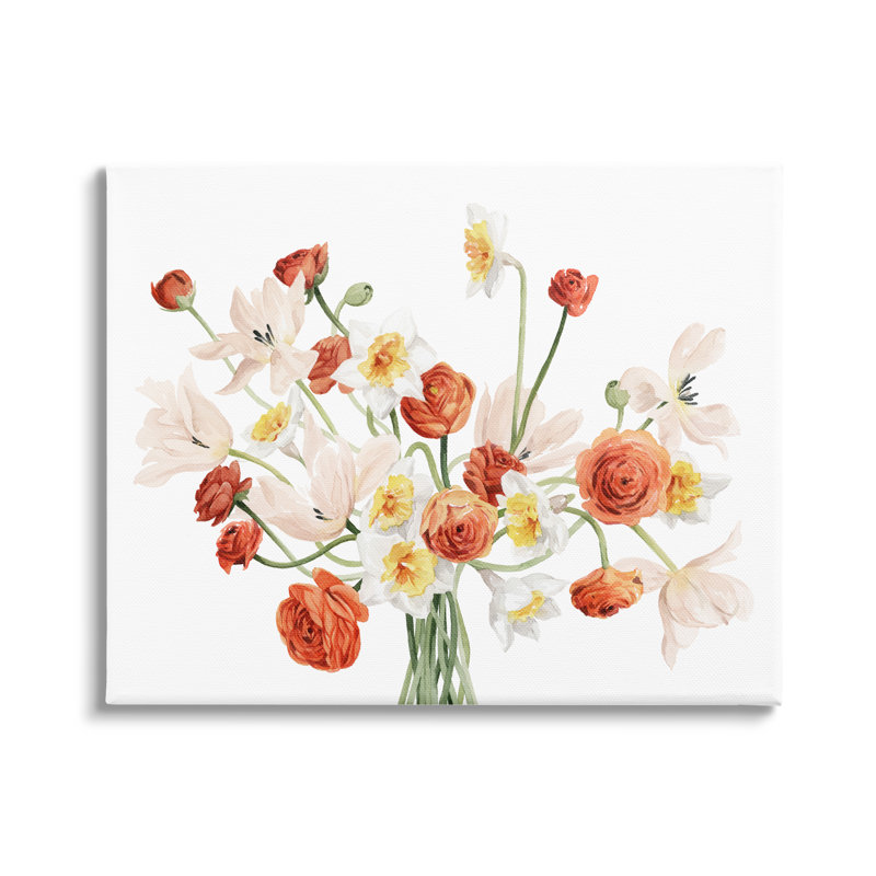 Minimal entrelacé orange bouquet de fleurs blanches par Grace Popp - Peinture, Toile tendue, H 30 po x l 40 po x P 1,5 po