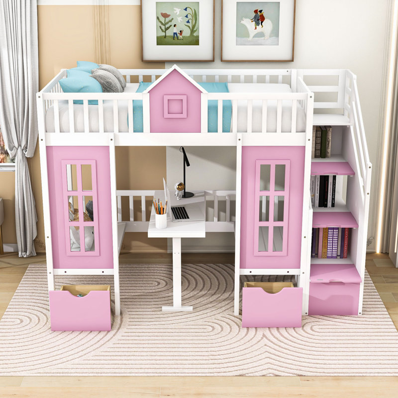 Kinnsley Wooden Playhouse Bunk Bed With Storage Drawers, Transformable Lower Bunk Into Desk, Twin Over Twin, Pink